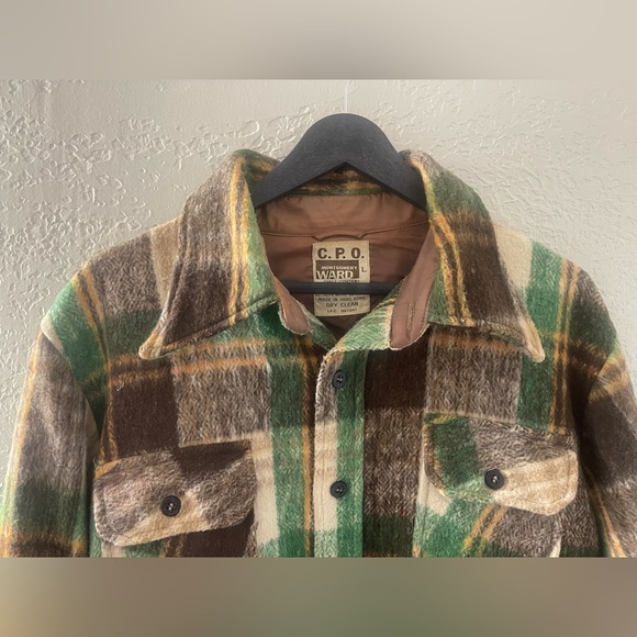 Vintage 70s CPO Mens Wool Linen Plaid Flannel Shirt Jacket Large Montgomery Ward - Picture 2 of 10